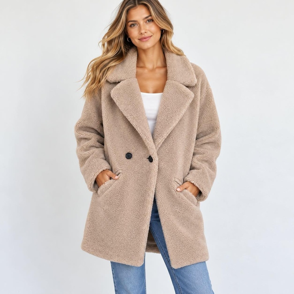 Lucky Brand Coat Women XL Beige Faux Fur Teddy Jacket Double Breasted Sherpa